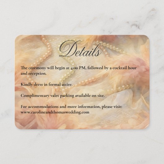 Romantic Watercolor Floral Pearls Feathers Wedding エンクロージャーカード (正面)