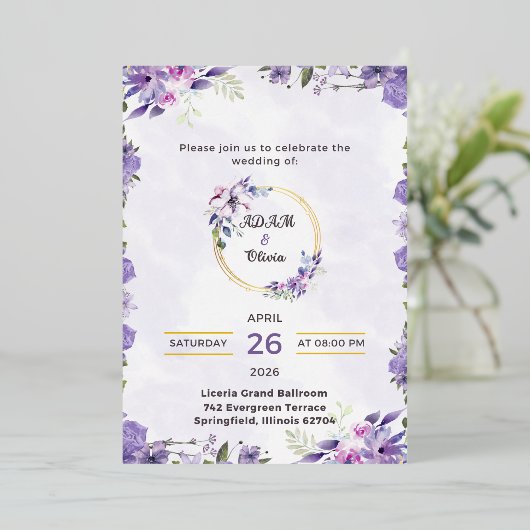 Romantic Watercolor Flower Wedding Invite 箔招待状 (立ち正面)