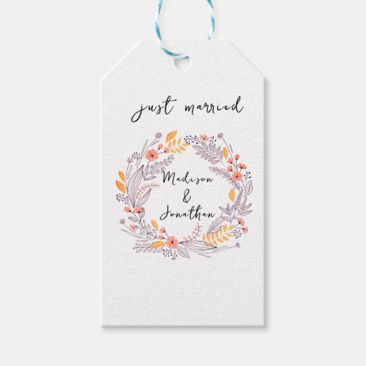 Romantic Watercolor Flower Wreath Wedding ギフトタグ (正面)