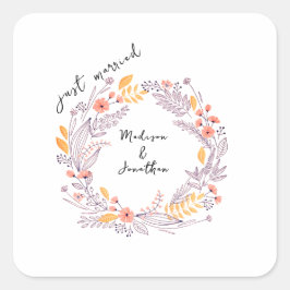Romantic Watercolor Flower Wreath Wedding スクエアシール