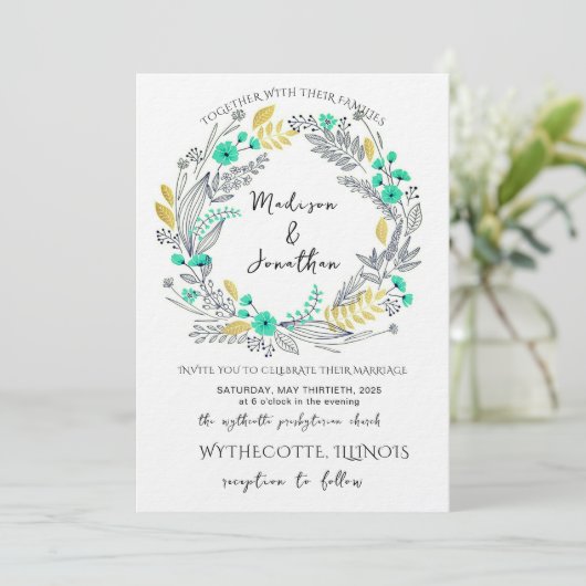 Romantic Watercolor Flower Wreath Wedding 招待状 (スタンド正面)