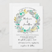 Romantic Watercolor Flower Wreath Wedding 招待状 (正面/裏面)