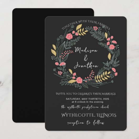 Romantic Watercolor Flower Wreath Wedding 招待状 (正面/裏面)