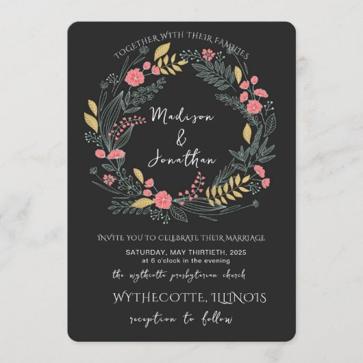 Romantic Watercolor Flower Wreath Wedding 招待状 (正面)