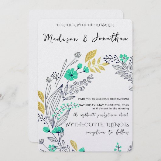 Romantic Watercolor Flower Wreath Wedding 招待状 (正面/裏面)