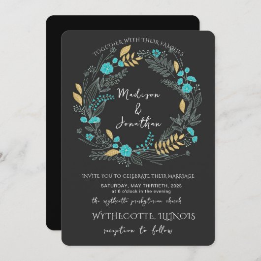 Romantic Watercolor Flower Wreath Wedding 招待状 (正面/裏面)