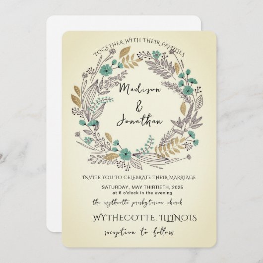 Romantic Watercolor Flower Wreath Wedding 招待状 (正面/裏面)