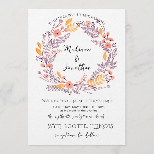 Romantic Watercolor Flower Wreath Wedding 招待状 (正面)