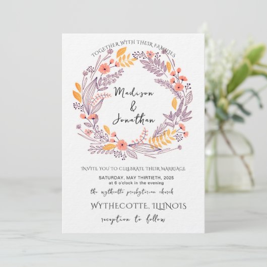 Romantic Watercolor Flower Wreath Wedding 招待状 (スタンド正面)