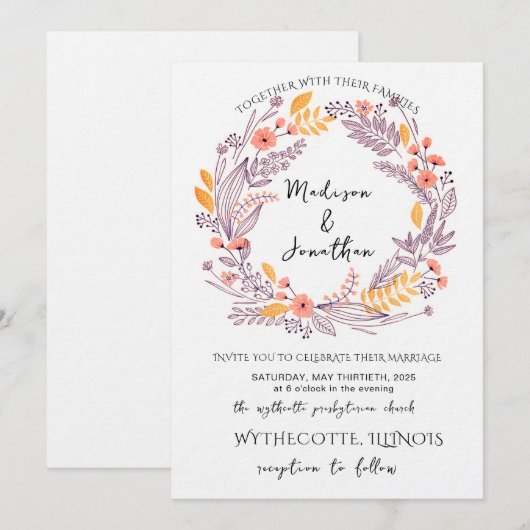 Romantic Watercolor Flower Wreath Wedding 招待状 (正面/裏面)