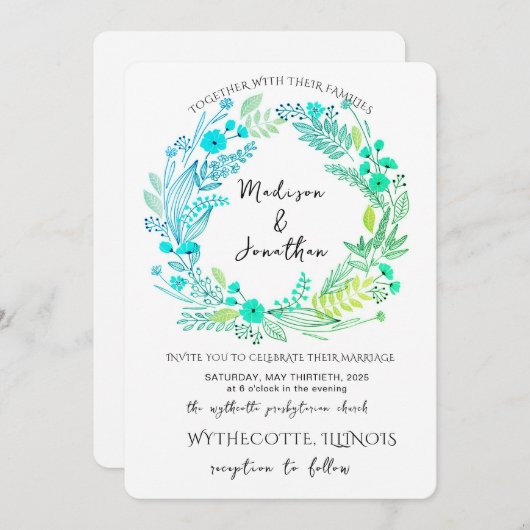 Romantic Watercolor Flower Wreath Wedding 招待状 (正面/裏面)