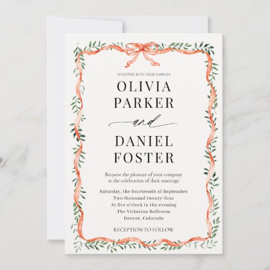 Romantic Watercolor Greenery Red Bow Wedding 招待状 (正面)