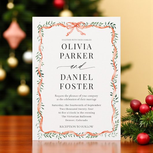 Romantic Watercolor Greenery Red Bow Wedding 招待状