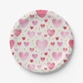 Romantic Watercolor Hearts & Gold Glitter Confetti ペーパープレート (正面)