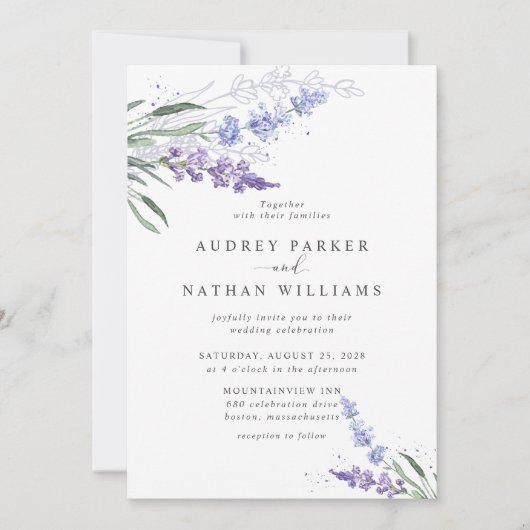 Romantic Watercolor Lavender QR Code Wedding 招待状 (正面)