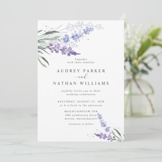 Romantic Watercolor Lavender QR Code Wedding 招待状 (スタンド正面)