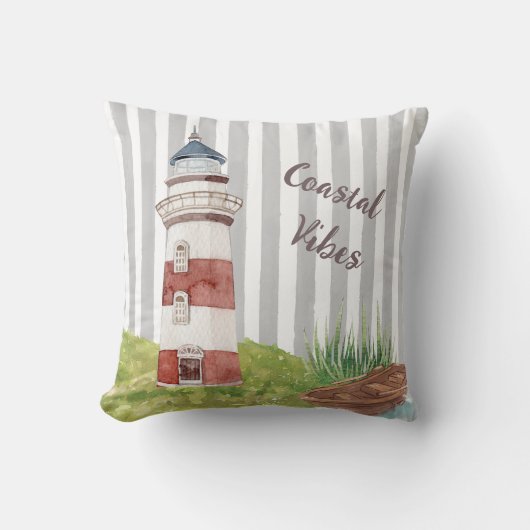 romantic watercolor lighthouse grey white stripes  クッション (正面)