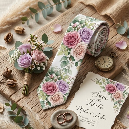 Romantic Watercolor Pastel Rose Floral  ネクタイ