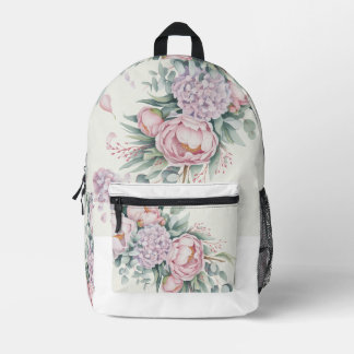 Romantic Watercolor Peony & Hydrangea Floral bag プリントバックパック