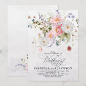 Romantic Watercolor Pink and White Floral Wedding 招待状 (正面/裏面)