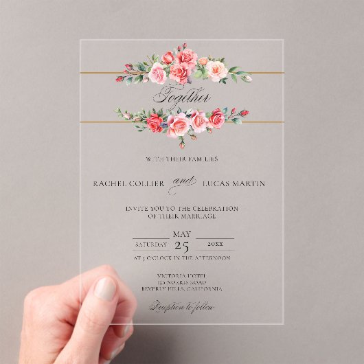 Romantic Watercolor Pink Roses & Calligraphy アクリル招待状 (インサイチュ (ポータブル))