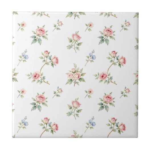 Romantic Watercolor Pink Roses Pattern タイル (正面)