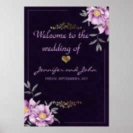 Romantic Watercolor Purple Peony Wedding Welcome ポスター