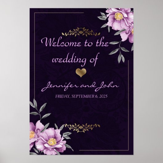 Romantic Watercolor Purple Peony Wedding Welcome ポスター (正面)