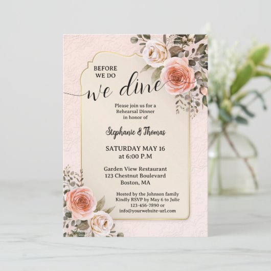 Romantic Watercolor Roses Rehearsal Dinner 招待状 (スタンド正面)