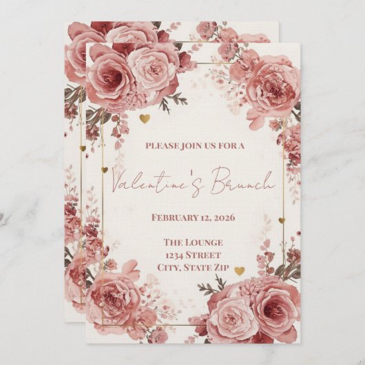 Romantic Watercolor Valentine’s Brunch Invitation 招待状 (正面/裏面)