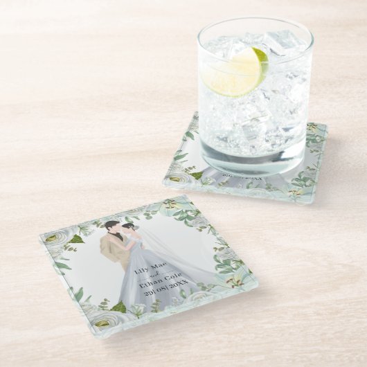 Romantic Watercolor Wedding ガラスコースター (アングル)