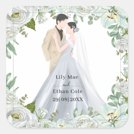 Romantic Watercolor Wedding スクエアシール (正面)