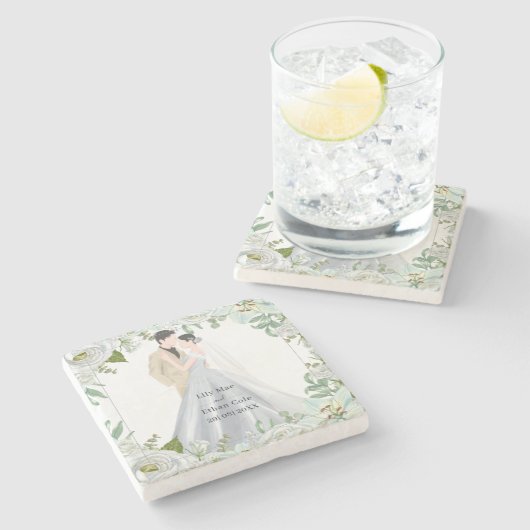 Romantic Watercolor Wedding ストーンコースター (横)