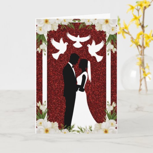 Romantic Wedding Silhouette of Bride and Groom カード (黄色い花)