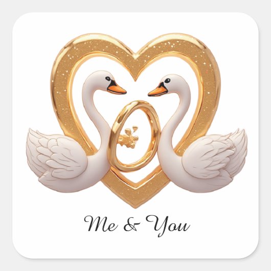 Romantic Wedding Swans With Gold Rings スクエアシール (正面)