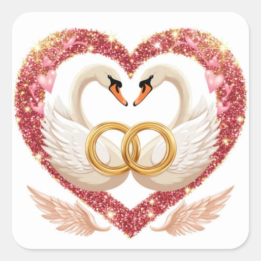Romantic Wedding Swans With Gold Rings スクエアシール (正面)