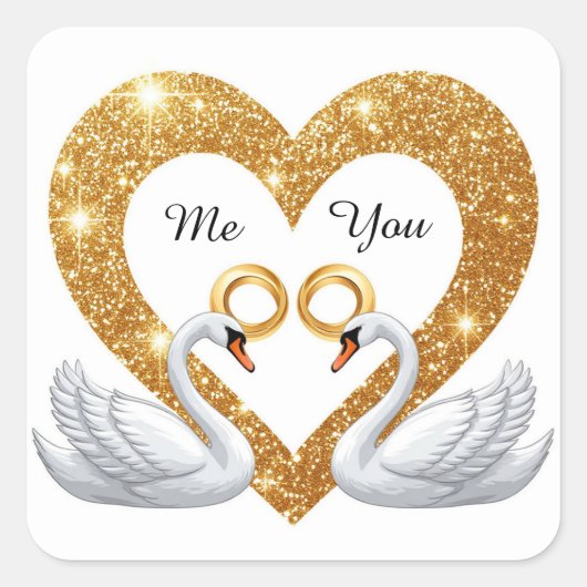 Romantic Wedding Swans With Gold Rings スクエアシール (正面)
