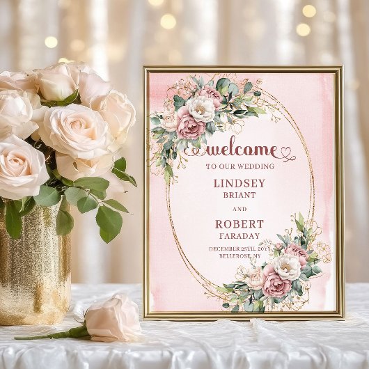 Romantic Wedding Welcome Blush Floral Greenery ポスター