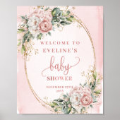 Romantic Welcome Rose Gold Eucalyptus Floral Sign ポスター (正面)