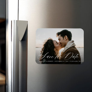 Romantic White Calligraphy Photo Save the Date マグネット