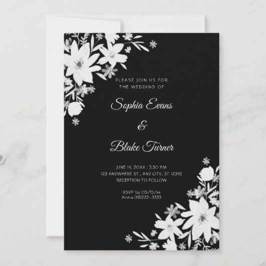 Romantic White Flowers Floral Black Wedding 招待状 (正面)
