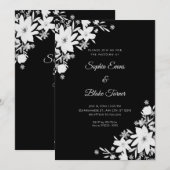 Romantic White Flowers Floral Black Wedding 招待状 (正面/裏面)