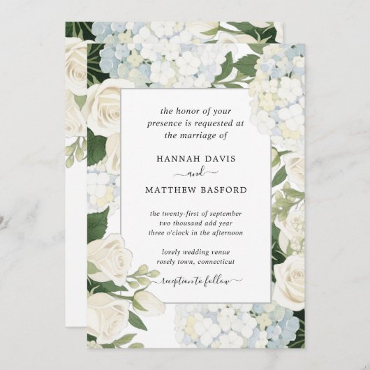 Romantic White Hydrangea Rose Elegant Wedding 招待状 (正面/裏面)