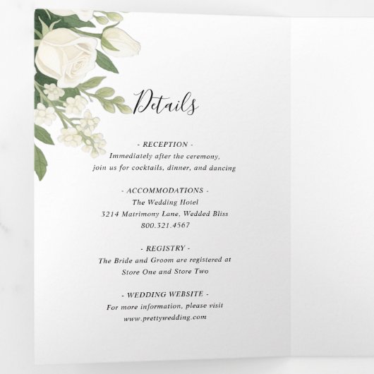 Romantic White Hydrangea Rose Elegant Wedding   Tr 三つ折り招待状 (内部最初)
