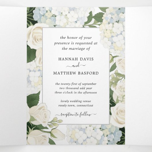 Romantic White Hydrangea Rose Elegant Wedding   Tr 三つ折り招待状 (内部中)