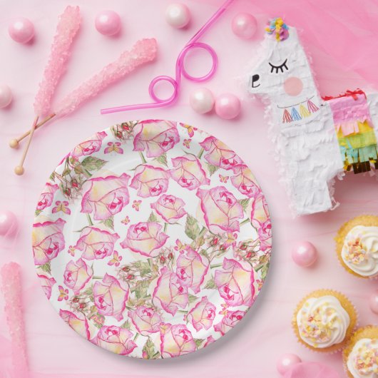 Romantic white pink yellow summer rose floral ペーパープレート (パーティー)