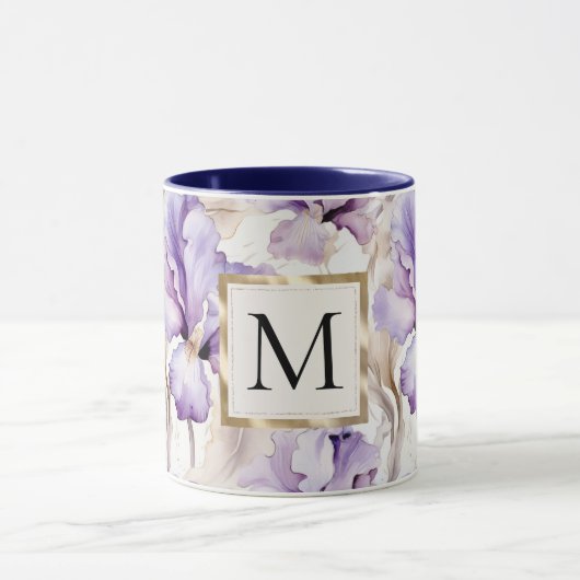 Romantic White Purple Iris Floral Monogram マグカップ (中央)
