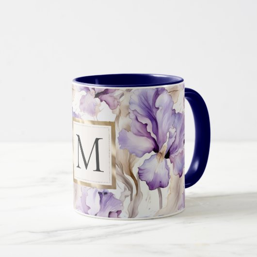 Romantic White Purple Iris Floral Monogram マグカップ (正面右)