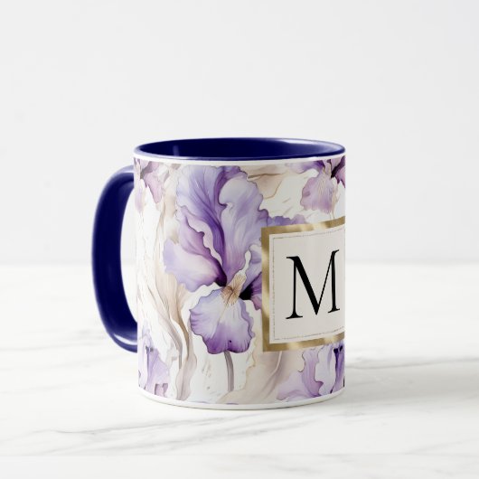 Romantic White Purple Iris Floral Monogram マグカップ (正面左)