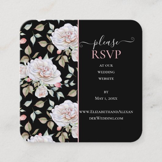 Romantic White Rose on Black's Website結婚 RSVP スクエア名刺 (正面)